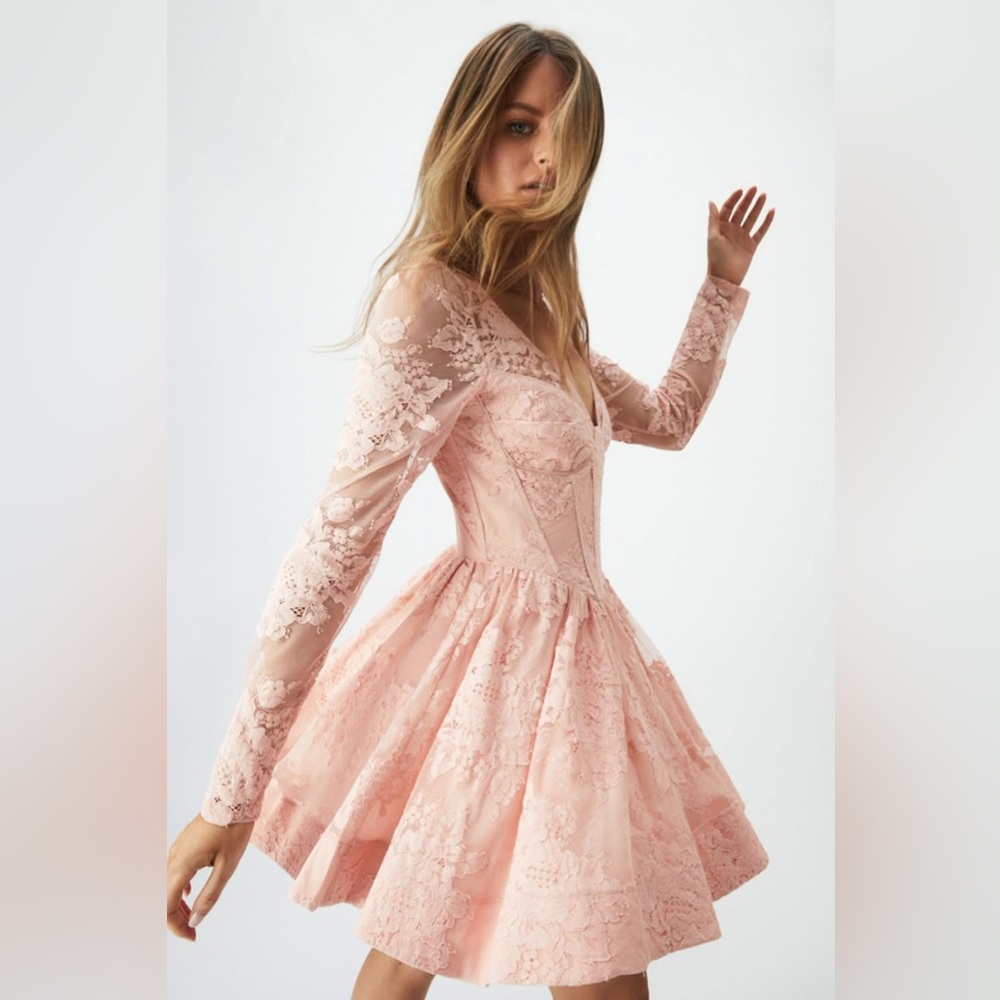 Bardot Blush Pink Long Sleeve Lace Fit-and-Flare Dress